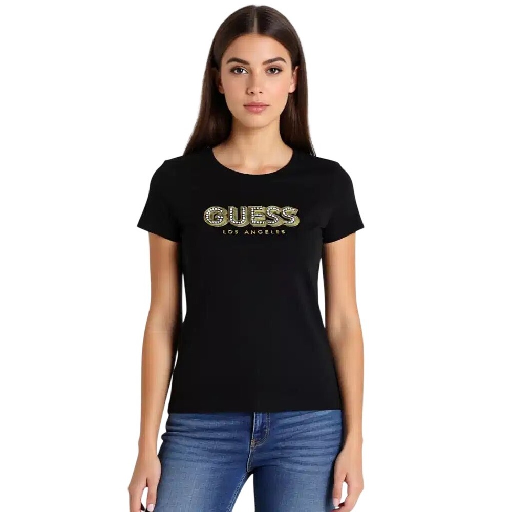 GUESS Womens Black Embellished Logo T-Shirt Gold Pearl Sequin Tee XL NWT